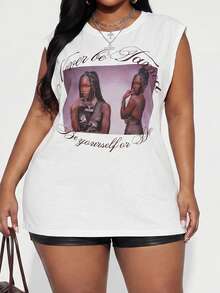 Slaydiva Women's White Summer Casual Rave Holiday Graphic Vintage Portrait Letter Print Sleeveless Tank Top Crew Neck Longline Plus Size Vest Retro Streetwear - White - View 11
