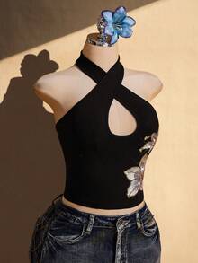 SHEIN ICON 大码女式黑色亮片刺绣露背吊带背心/性感夜店上衣/夏季度假/2026狂欢节女装/套装/Y2K上衣/黑色上衣/派对/音乐节、街头风、休闲装 - 黑色 - 查看 8