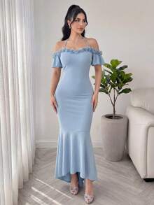 Feyla Women's Elegant Party Solid Color 3D Floral Decor Off-Shoulder Halter Mermaid Dress - Blue - View 5