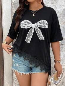 SHEIN VCAY Áo thun nữ cỡ lớn màu đen dáng rộng, thoải mái, thích hợp cho mùa hè, đi nghỉ mát, đi làm hàng ngày, phối ren và nơ, kiểu dáng vai rớt. - Nhiều màu - Xem 5