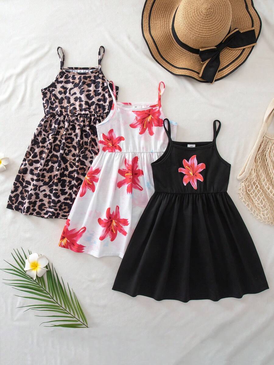 SHEIN Genkimix Kids 3件套女童花卉豹纹印花舒适吊带连衣裙，适合儿童派对、度假、夏季穿着，也可作为姐妹装礼物 - 彩色 - 查看 1