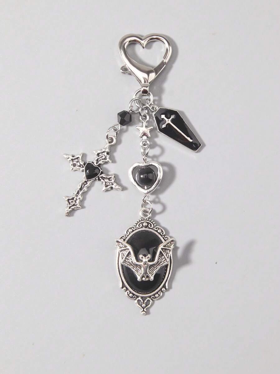 ROMWE Goth 1件哥德式復古棺材十字架水鑽蝙蝠吊飾,男女通用,萬聖節禮物鑰匙裝飾 - 黑色c - 查看 1