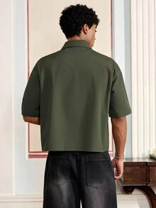 SWAVVY Men's Letter Print Short Sleeve Single-Breasted Cargo Pocket Shirt - Olive Green - View 5