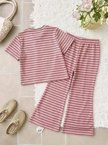 SHEIN 少女極簡條紋短袖T恤與長褲套裝 - 粉色 - 查看 4