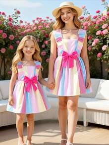SHEIN Vintaside Kids Vestido Casual Solto de Estilo Francês Fresco e Doce para Meninas Jovens com Gola Quadrada, Mangas Bufantes, Decoração de Laço 3D e Estampa de Laço em Todo o Vestido, Azul e Branco Listrado, Verão - Rosa chiclete - Visão 7