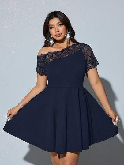 Viva Relle Vestido negro de encaje con hombros descubiertos para mujer de talla grande, vestido de fiesta, vestido de cóctel