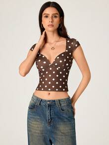 SHEIN BASICS Áo nữ chấm bi cổ tim tay ngắn - màu nâu - Xem 5