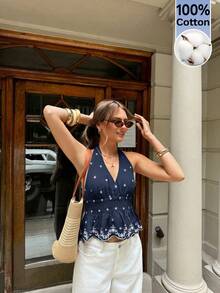 Serisse Women's Summer Vacation Halter Backless Embroidered Blouse,Summer Top - Navy Blue - View 4
