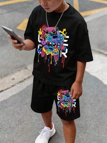 Tween Boys Casual Minimalist Round Neck Short Sleeve Shorts 2 Pieces Set, Suitable For Summer, Classic Cool Game Controller Graphic Print - Black - View 1