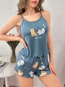 SHEIN Cute Cat Print Frill Trim Camisole & Shorts Pajama Set - Multicolor - View 6
