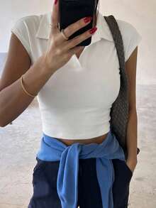 Camiseta blanca versátil de mujer con cuello redondo, sin mangas, con aplicación de encaje, ajustada y corta, para primavera/verano - Blanco - Ver 2