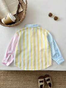 SHEIN 1 chiếc áo sơ mi dài tay cổ bẻ phối màu kẻ sọc có túi dành cho trẻ em/bé trai, thích hợp mặc hàng ngày, đi chơi, hoạt động ngoài trời, lễ hội, kỳ nghỉ hè ở bãi biển, mùa xuân/hè. - Nhiều màu - Xem 2