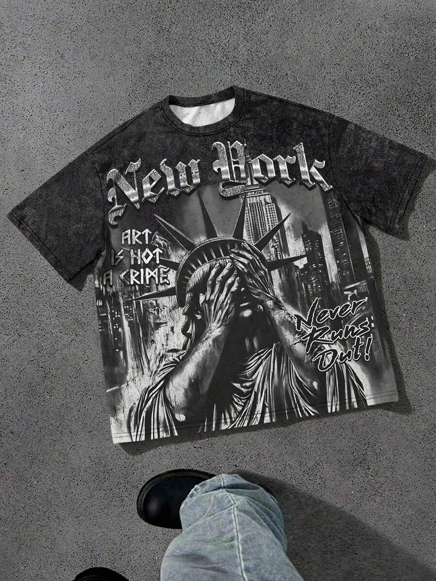 SHEIN 儿童青少年男孩休闲简约涂鸦手写英文字母运动街头风Y2K短袖圆领T恤，适合夏季穿着 - 彩色 - 查看 1