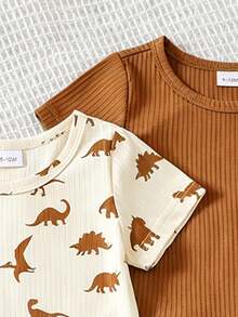 SHEIN Playful Pals 6pcs/Set Newborn Baby Boy Basic Round Neck Elastic Waist Cute Animal Print & Striped Short Sleeve T-Shirt And Shorts Set, Summer - Brown - View 6