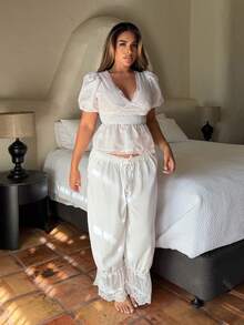 Maria Perezxox 荷叶边条纹深V领短袖上衣/乳白色 - 米色 - 查看 6