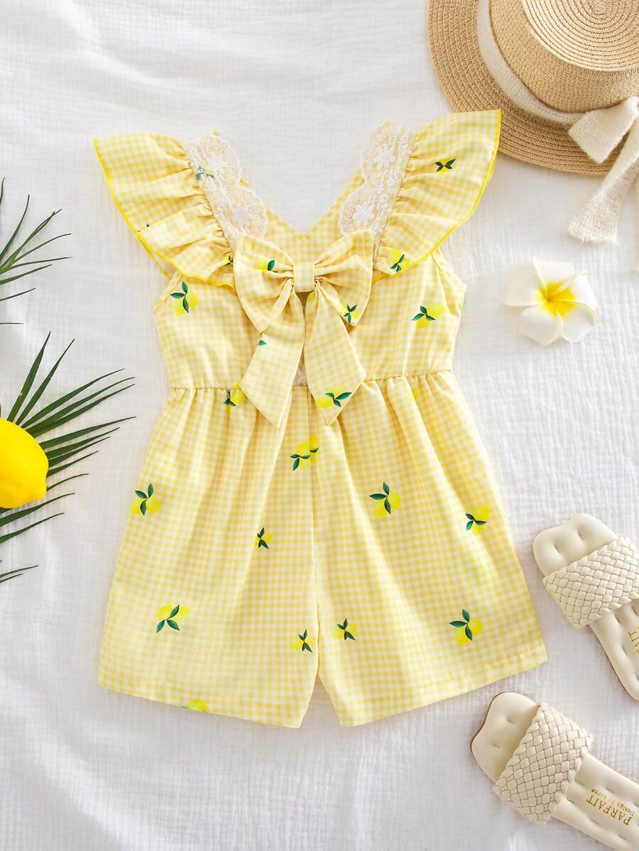 SHEIN Vintaside Kids 2025夏季新款少女洋裝,黃色與白色格紋檸檬印花,荷葉邊飾,V領,收腰,露背,A字版型,田園風 - 黃色 - 查看 1