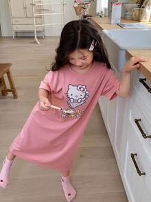 Dazy Kids HELLO KITTY | DAZY 女童寬鬆柔軟彈性蝴蝶結 KT 貓短袖睡裙，輕便居家洋裝 (Small) 夏季 - 粉色 - 查看 7