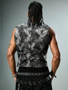 ROMWE MEN Goth 男士龙纹提花双排扣哥特式背心 - 黑色 - 查看 3