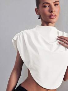 Hauture Women's Draped Shoulder Impact High Neck Crop Top Office Wear - White - View 5