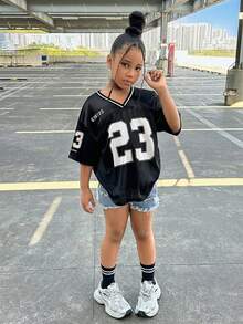 SHEIN Atasan Lengan Pendek Leher V Kasual Sporty untuk Anak Perempuan Remaja - Hitam - View 4