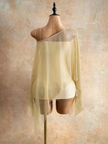 Mistrie Elegant Beige Summer Party Two Pieces Set For Ladies,Golden Mesh Wrap Top And Fitted Halter Dress For Music Festivals,Graduation And Beach Vacations - Khaki - View 2