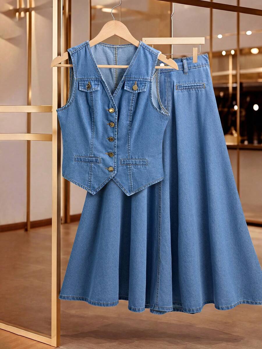 GlowEve Set Denim Kasual Wanita Model Rompi dan Rok Berkerah V Kancing Tunggal - Biru - View 1