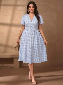 Chikora Đầm công sở cổ chữ V thanh lịch bằng vải lanh-cotton dành cho nữ cỡ lớn - Đen và trắng - Xem 5