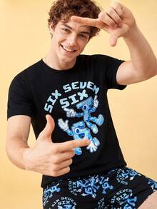 Men's Letter Print Short Sleeve T-Shirt And Shorts Pajama Set - Black - View 6