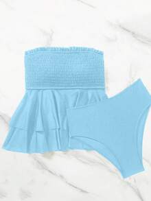SHEIN Swim Mod Bộ đồ bơi tankini quây ngực màu trơn dành cho nữ, thích hợp cho mùa hè đi biển. - Màu xanh lam - Xem 4