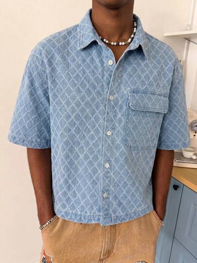 Manfinity EMRG Men's Casual Crochet Blue Denim Short Sleeve Shirt, Street Fashion