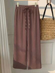 SHEIN EZwear 女士休闲系带直筒裤，适合夏季穿着，条纹裤，女士夏季套装 - 彩色 - 查看 3