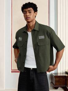 SWAVVY Men's Letter Print Short Sleeve Single-Breasted Cargo Pocket Shirt - Olive Green - View 6