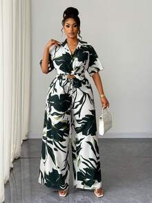 Maweii Plus Size Women Tropical Plant Print Short Sleeve Shirt And Pants Casual Suit - Apricot - View 1