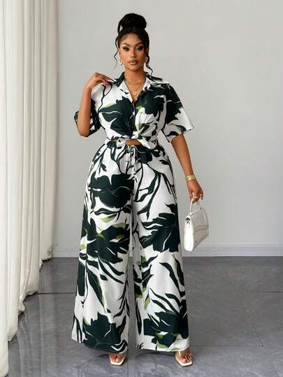 Maweii Bộ đồ thường ngày dành cho nữ cỡ lớn, in họa tiết cây nhiệt đới, tay ngắn và quần dài.