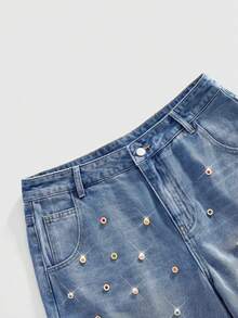 ROMWE MEN Quần short denim nam họa tiết thêu kim cương lấp lánh - Màu xanh lam - Xem 4