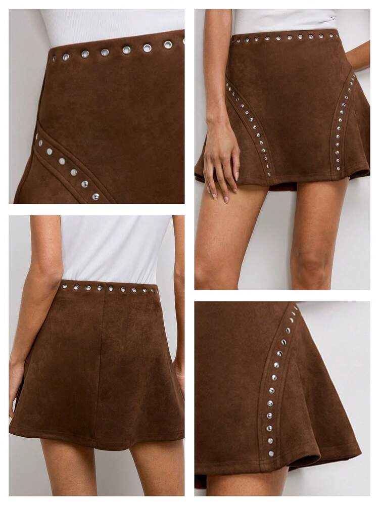 SHEIN Maija Women's Rivet Decor Casual Mini Skirt,All Shades Of Brown Autumn Western Date Outing Festival Outfit,Modern Metallic Elements Brown Versatile Skirt