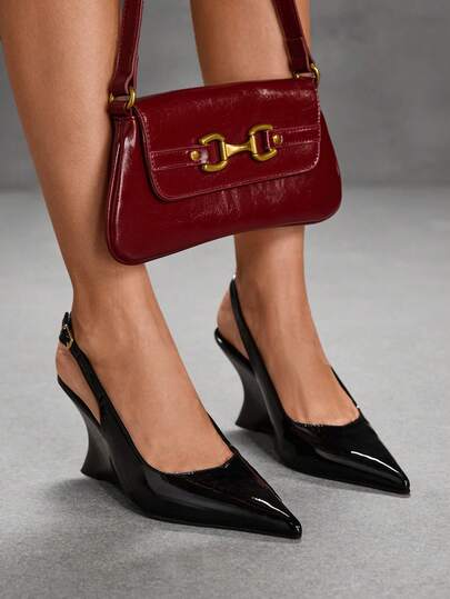 CUCCOO SZL Women Shoes Spring/Summer Metal Buckle Decorative Pointed Slope Heel Cool Style Patent Leather Black Sandals Commuter Dating Summer Shoes