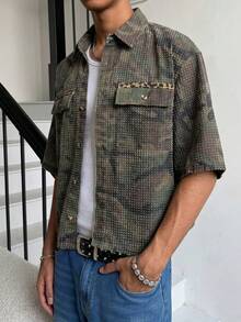 Manfinity EMRG Áo sơ mi denim tay ngắn họa tiết rằn ri nhiều túi, phong cách đường phố thường ngày dành cho nam. - xanh quân đội - Xem 3