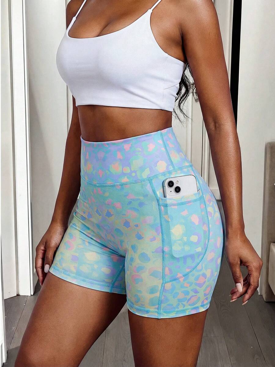 SHEIN Sovereign Charm Quần short tập luyện bó sát cạp cao họa tiết da báo nhiều màu, quần short tập luyện mùa hè quần short biker nhuộm màu pastel quần short biker nhiều màu có túi quần short tập luyện nhiều màu cho nữ quần short rave quần short yoga có túi quần short biker họa tiết da báo pastel - Nhiều màu - Xem 1