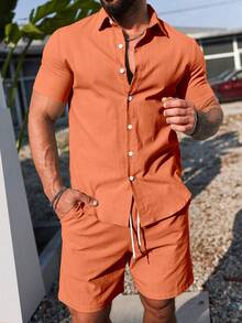 Manfinity Homme Men's Casual Set With Front Button Short Sleeve Shirt And Drawstring Waist Shorts - Orange - View 4