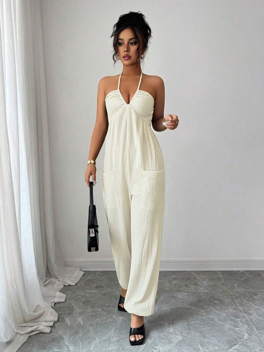 Selianne Women's Solid Color Halter Neck Pleated Casual Jumpsuit - Apricot - View 1