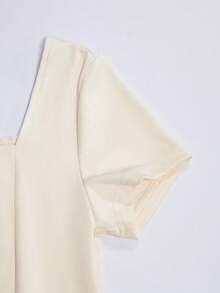 SHEIN Franclia 纯色方领前襟纽扣装饰短袖连衣裙，适合海滩度假休闲、街头波西米亚复古休闲优雅杏色时尚魅力女装 - 杏色 - 查看 6