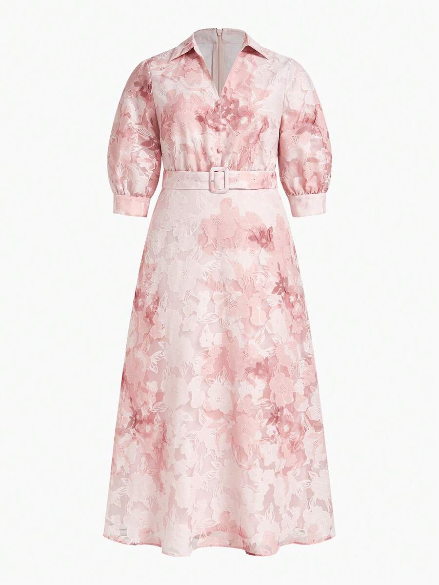 ZEYLAH Vestido largo con cintura ceñida y cuello, elegante para primavera/verano - Rosa - Ver 1