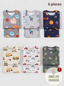 SHEIN Playful Pals Set Piyama Anak Laki-Laki Motif Kartun Galaksi & Hewan Laut, Pas Badan, Kaos dan Celana Pendek - MultiWarna - View 3
