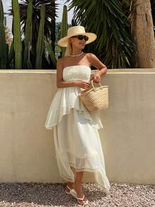 DAZY Pleated Tube Top Asymmetrical Hem Long Contrast Lace Umbrella Skirt Casual Boho Vacation Sexy Summer 2-Piece Set For Women Beach Off-White - Apricot - View 5