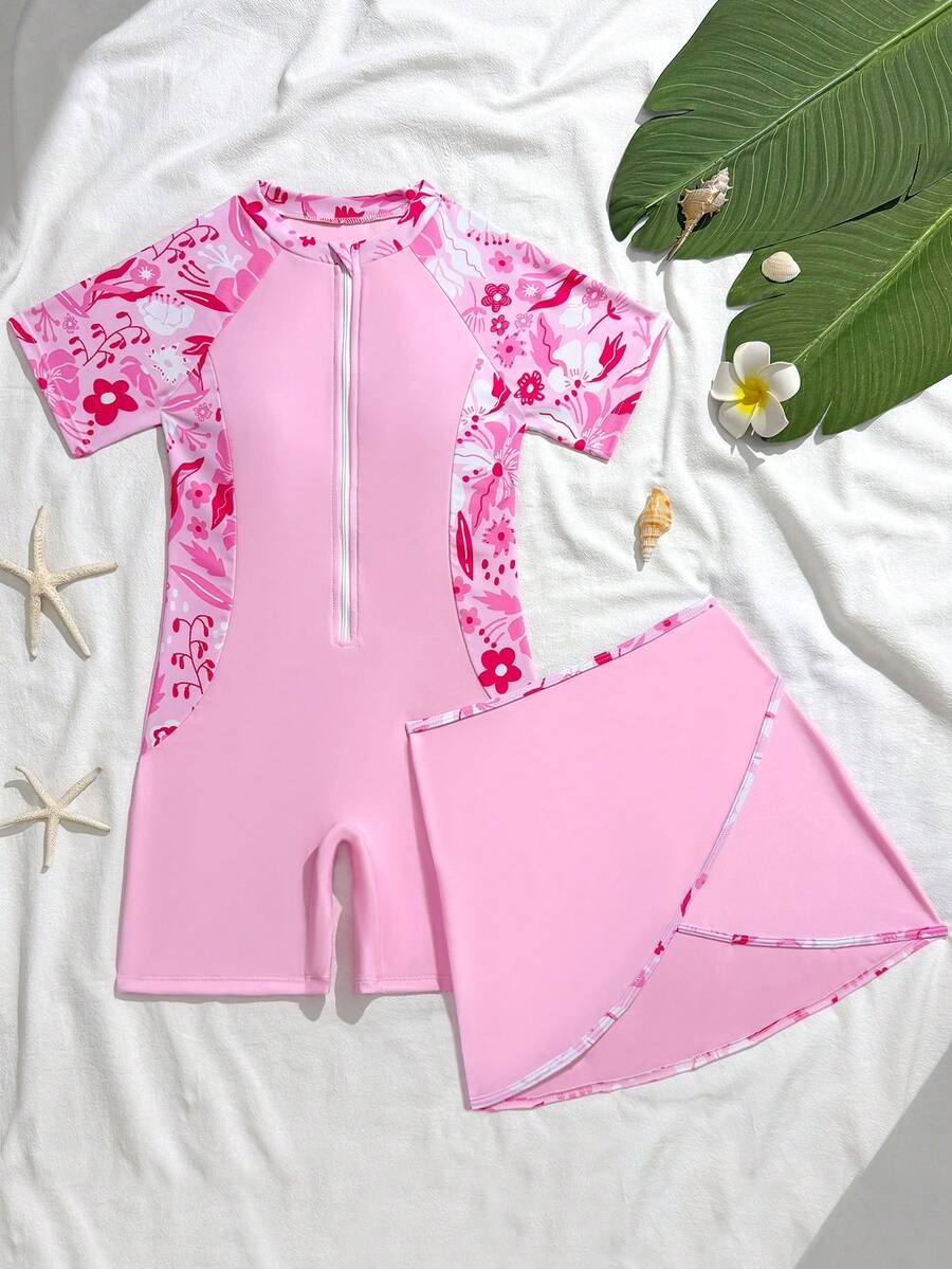 SHEIN Tween Girls' Summer Beach Vacation Floral Print Zip-Front One-Piece Swimsuit With Shorts And Wrap Skirt Set - Baby Pink - View 1