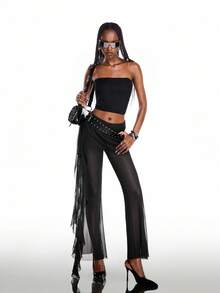 Airlisse Women's Fashion Pastal Bandeau Crop Top + Ruffle Trim Mesh Splice Casual Sexy Flare Leg Pants 2-Piece Set Golf Summer - Black - View 3