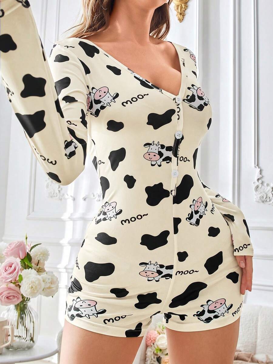 SHEIN Women's Cow Print Cartoon V-Neck Long Sleeve Fitted Jumpsuit Pajamas, Suitable For Spring, Summer And Autumn - Yellow - View 1