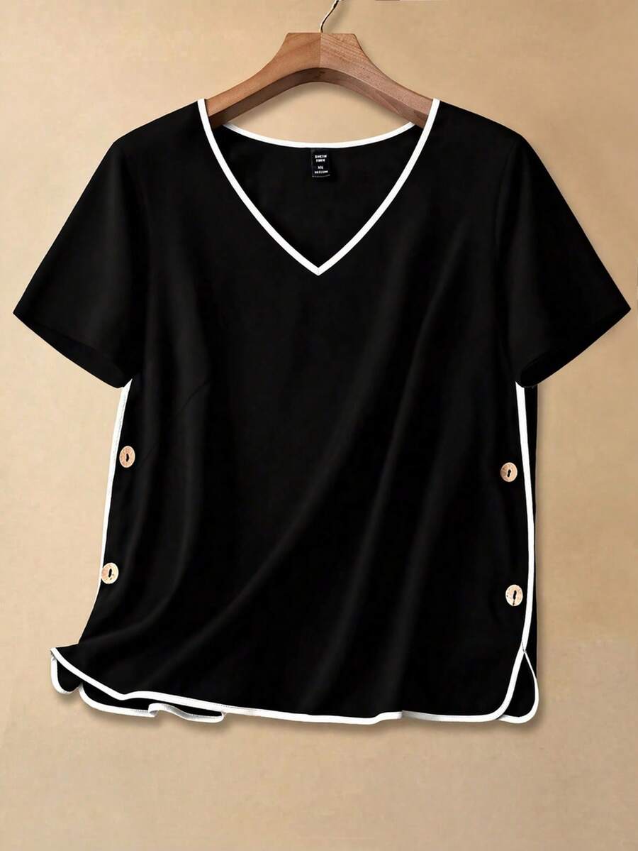 SHEIN Plus Size Women V-Neck Color Block Casual Soft Form Normal ...