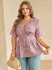 Roveilla Plus Size Women's Summer Elegant V-Neck Lace Patchwork Short Sleeve Blouse,Maroon Embroidered Textured Button Top,Tea Party Fitted Solid Color Shirt - Dusty Pink - View 5